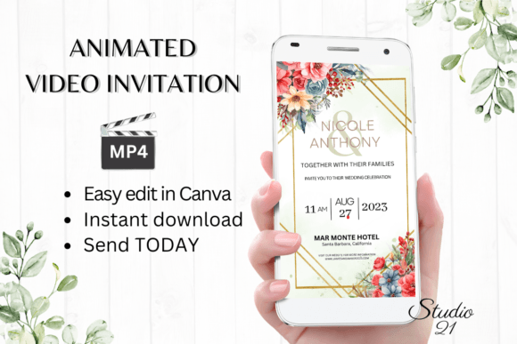 Floral Wedding Invitation W8134: Elegant Animated Evites